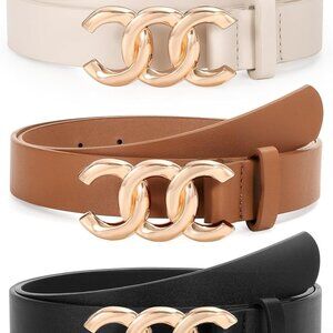 3 Pack Women's Leather Belts with Gold Buckles - Black, Brown, Beige - 43 Inches